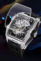 Luxury motorsport-inspired skeleton watch with tonneau case, diamond accents, black rubber strap