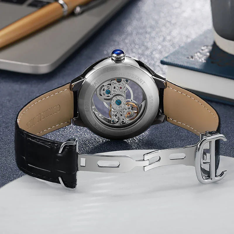 Luxury skeleton watch with visible mechanical movement, leather strap, inspired by motorsport design