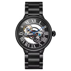 Luxury black skeleton watch with Roman numerals, visible gears, bold motorsport-inspired design