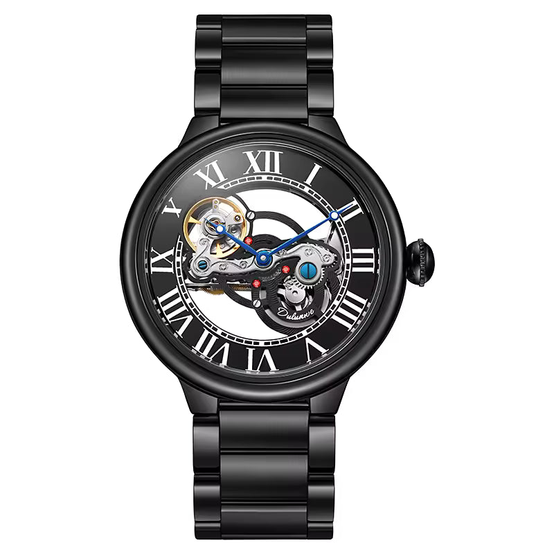 Luxury black skeleton watch with Roman numerals, visible gears, bold motorsport-inspired design