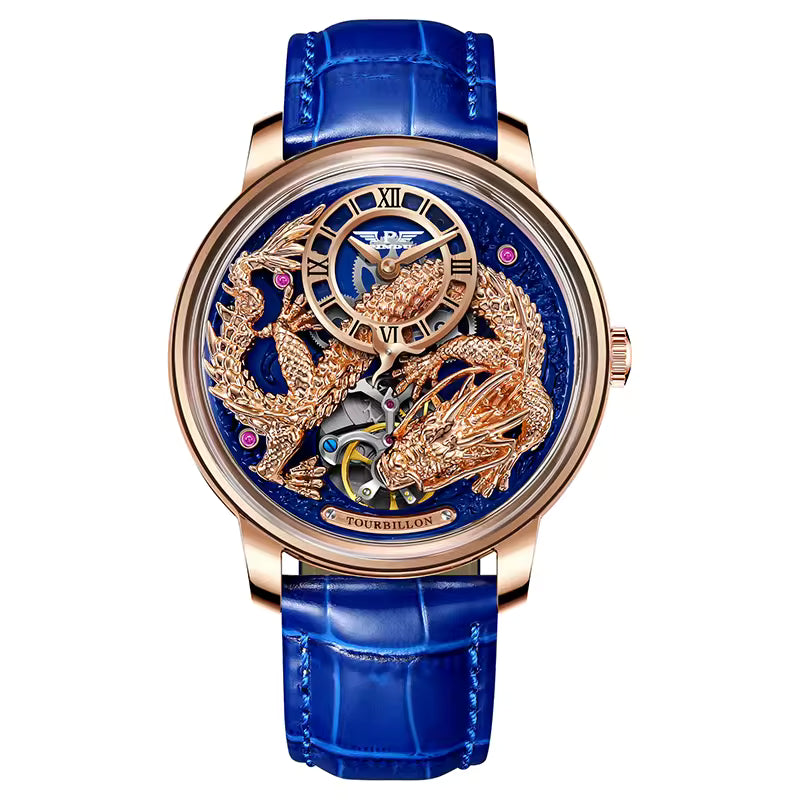 Luxury skeleton watch with gold dragon motif, blue alligator strap, and open tourbillon dial