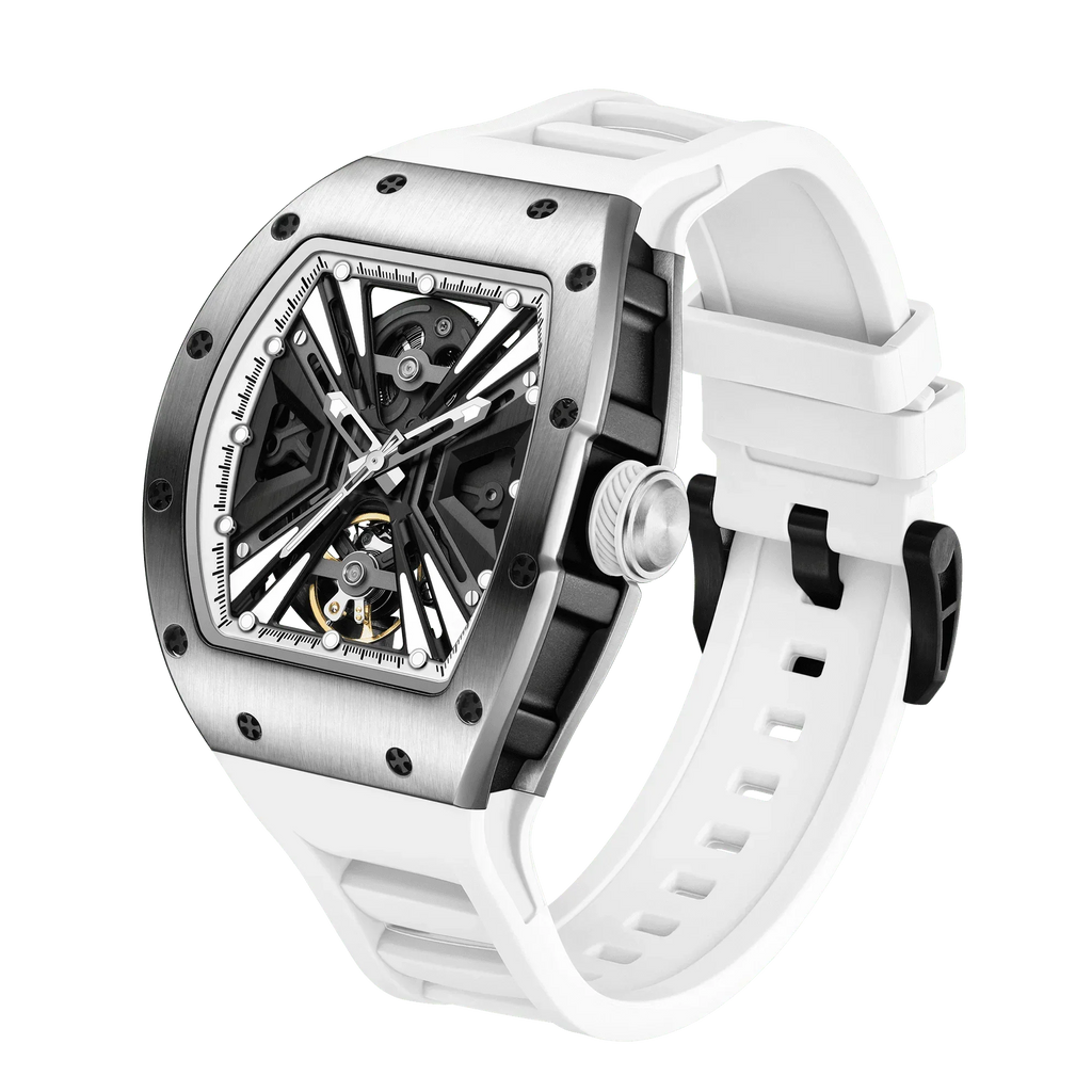 Luxury sport-inspired skeleton watch with white strap, brushed steel case, and bold open dial
