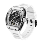 Luxury sport-inspired skeleton watch with white strap, brushed steel case, and bold open dial