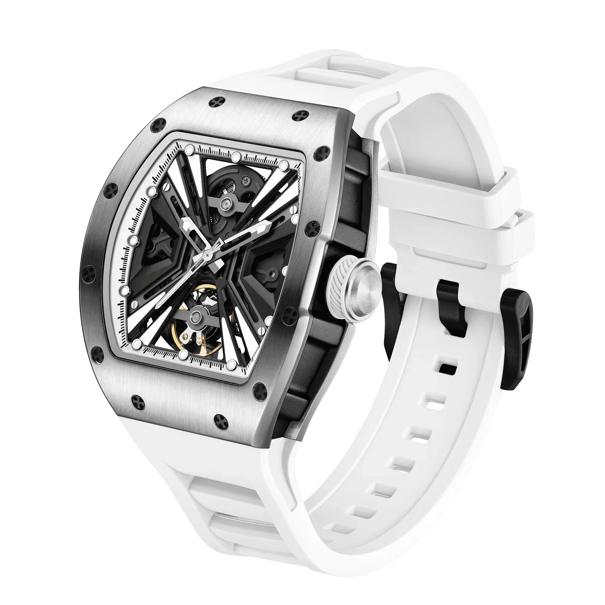 Luxury sport-inspired skeleton watch with white strap, brushed steel case, and bold open dial