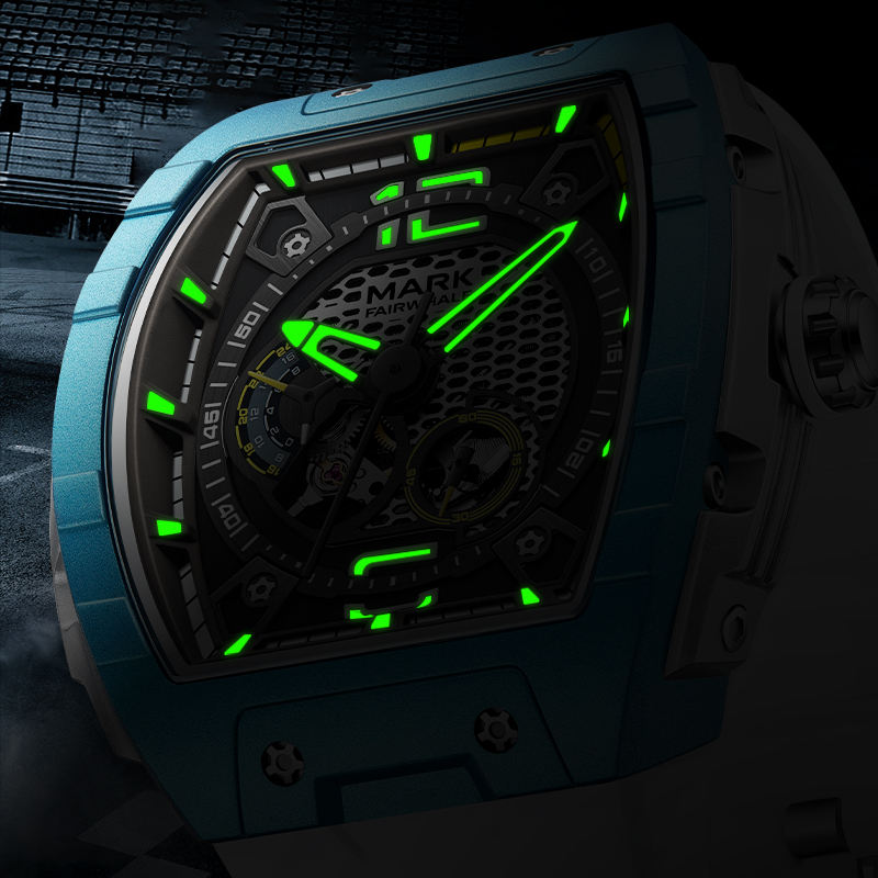 Motorsport-inspired luxury watch with blue case, skeleton dial, and green luminous markers