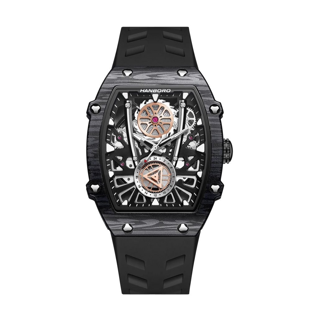 Motorsport-inspired luxury watch with exposed skeleton dial, black case, and rubber strap