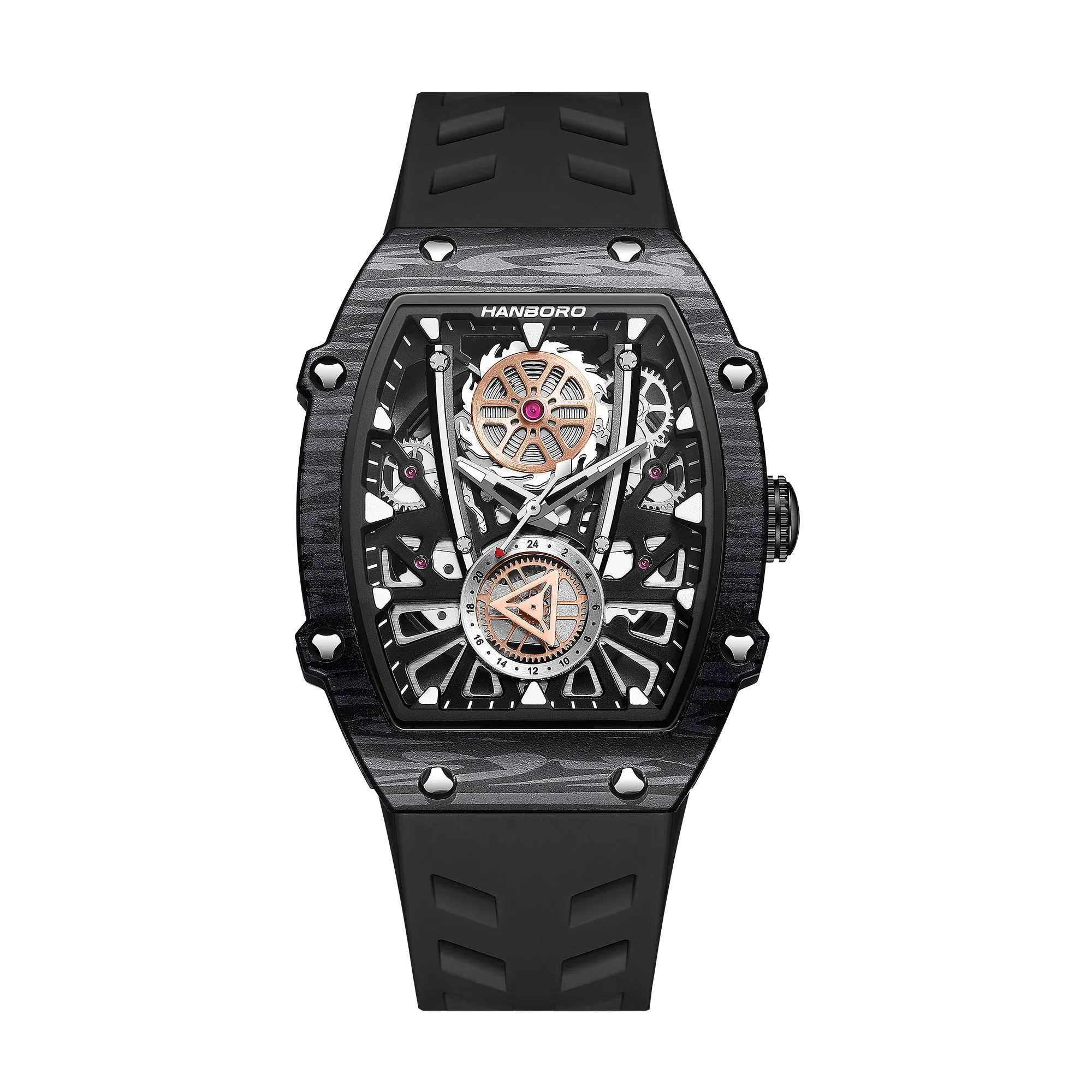 Motorsport-inspired luxury watch with exposed skeleton dial, black case, and rubber strap