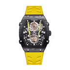 Luxury motorsport-inspired skeleton dial watch with black tonneau case and yellow rubber strap