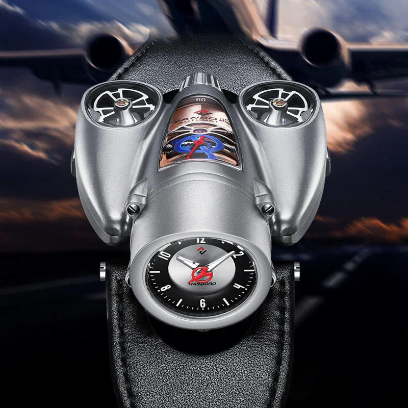 Futuristic motorsport-inspired luxury wristwatch with turbine design and black leather strap