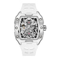 Luxury tonneau skeleton watch with white strap, motorsport-inspired case, exposed gears