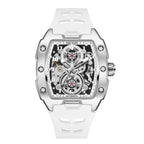 Luxury tonneau skeleton watch with white strap, motorsport-inspired case, exposed gears