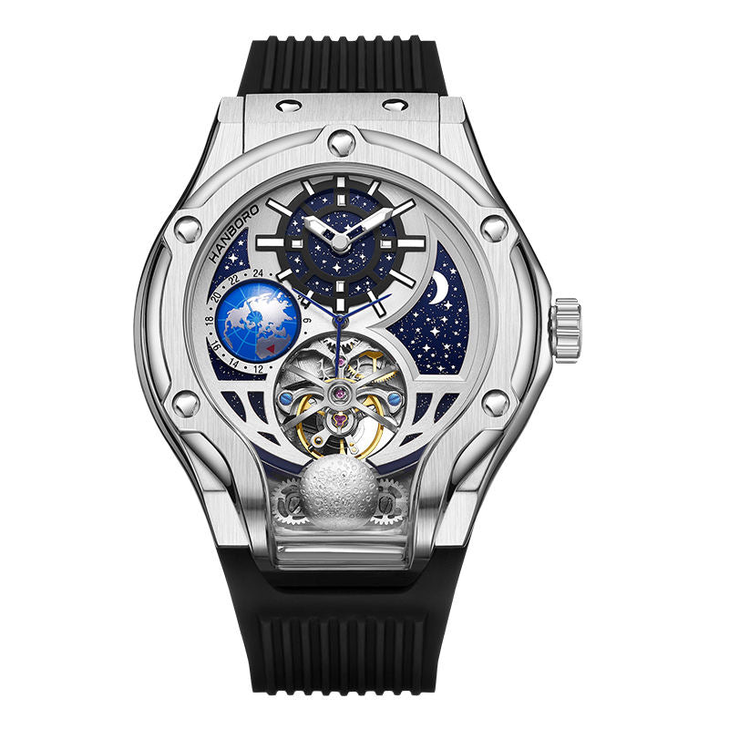 Luxury skeleton watch with moon phase and globe dial, motorsport-inspired sport-luxury design