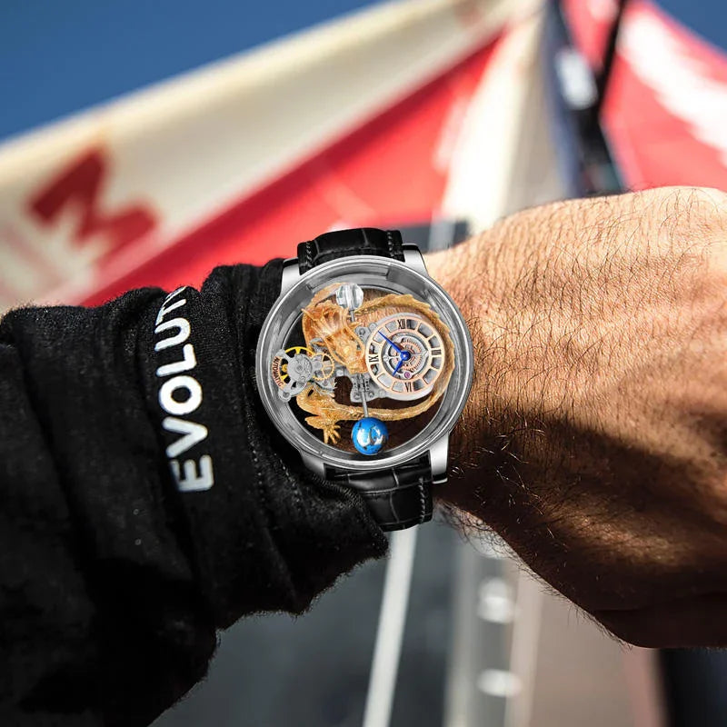 Motorsport-inspired luxury skeleton watch with intricate gold details on wrist outdoors