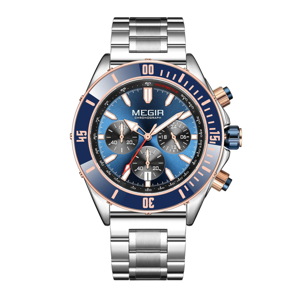 Luxury sport chronograph watch with blue dial, silver metal strap, and rose gold accents