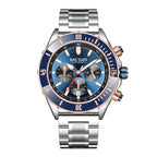 Luxury sport chronograph watch with blue dial, silver metal strap, and rose gold accents
