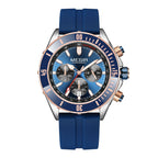 Blue racing-inspired chronograph watch with rose gold accents and a bold sport-luxury design