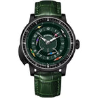 Motorsport-inspired automatic watch with green dial, racing car markers, and green leather strap