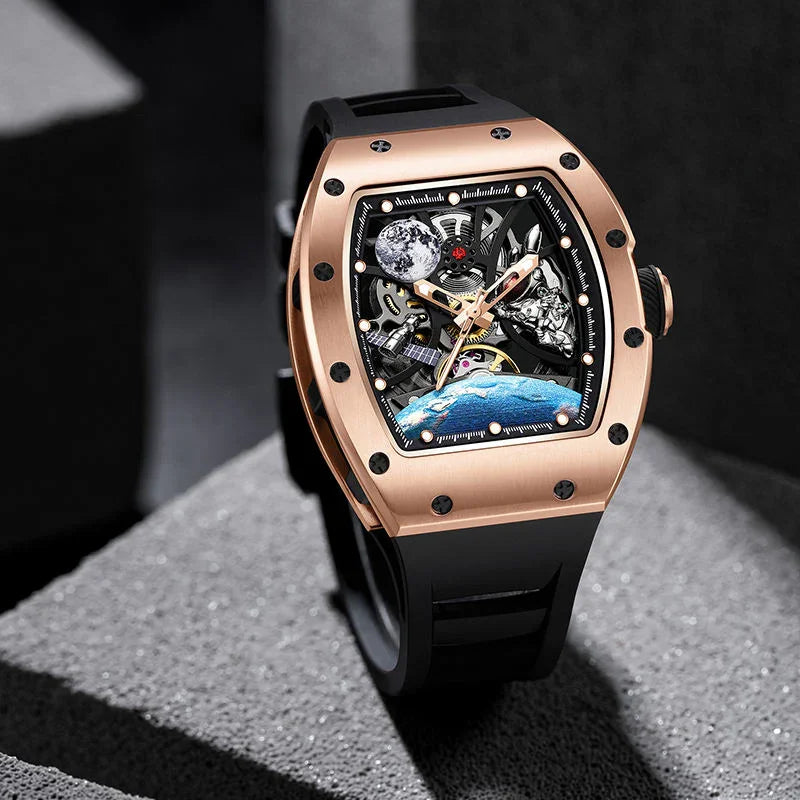 Luxury motorsport-inspired skeleton watch with rose gold case, black strap, and intricate dial