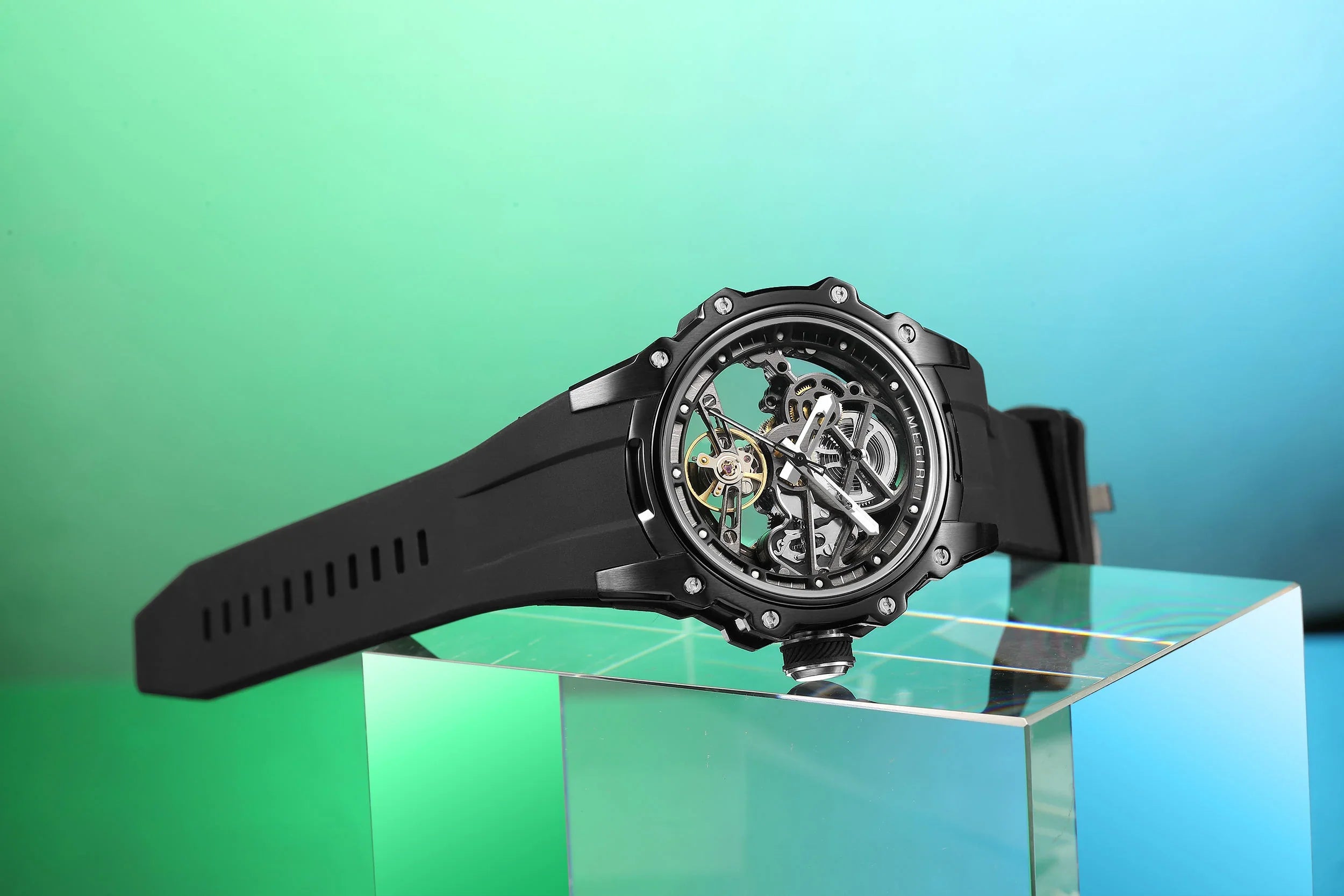 Luxury skeleton dial racing-inspired watch with black rubber strap, sporty and mechanical design