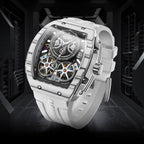 Luxury racing-inspired skeleton watch with a white strap, automatic movement, and bold case