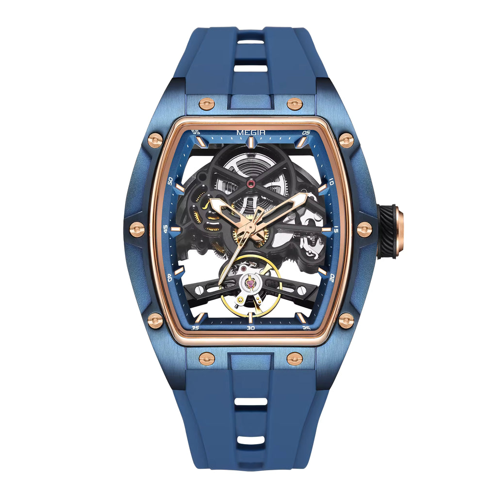 Blue tonneau-shaped skeleton watch with gold accents, motorsport-inspired sport-luxury design