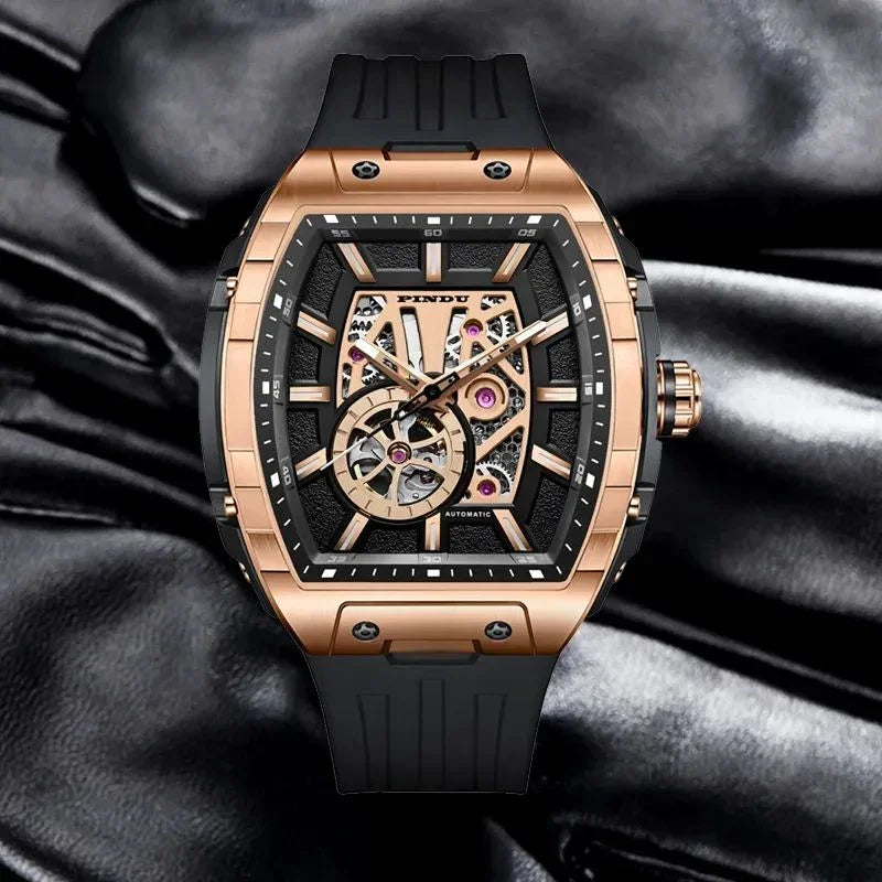 Luxury skeleton dial watch with rose gold case, black strap, and visible automatic movement