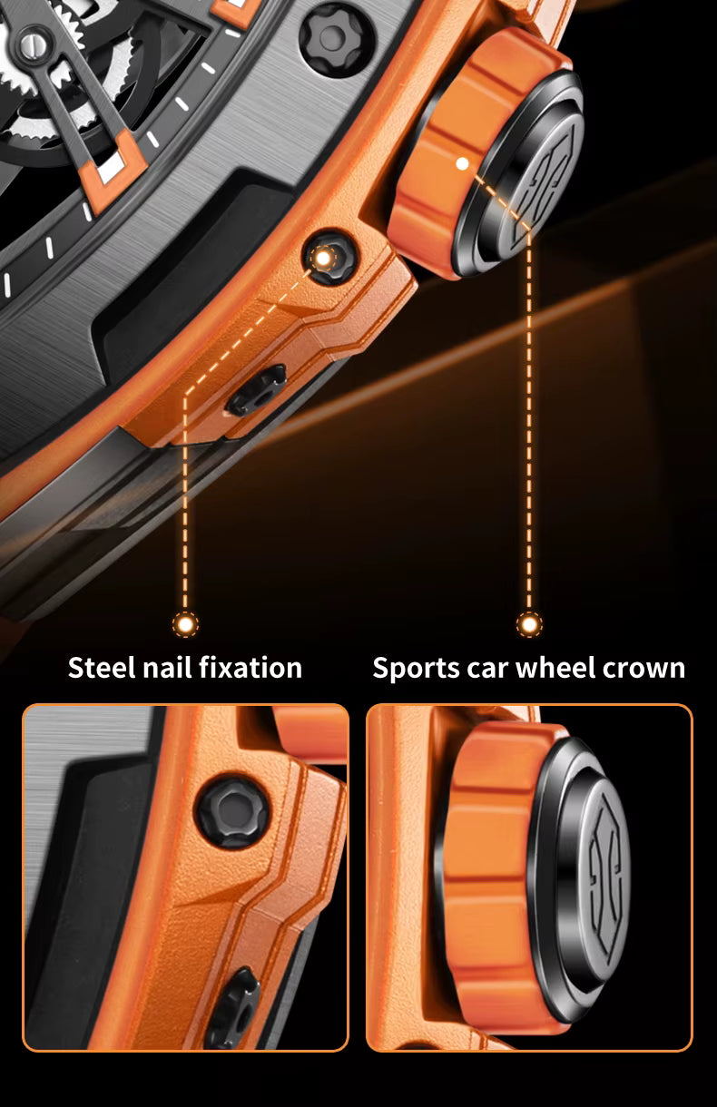 Close-up of orange sport-luxury watch showcasing steel nail fixation and sports car wheel crown details, inspired by motorsport performance.