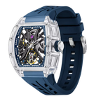 Motorsport-inspired luxury watch with skeleton dial, transparent case, and blue strap