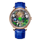Luxury sport-inspired watch with panda and bamboo design, openwork dial, blue leather strap