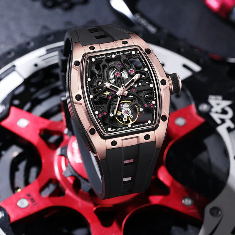 Luxury skeleton watch with rose gold case and black strap, racing-inspired design