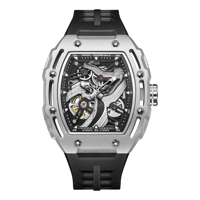 Luxury skeleton automatic watch with tonneau case, exposed gears, and black rubber strap
