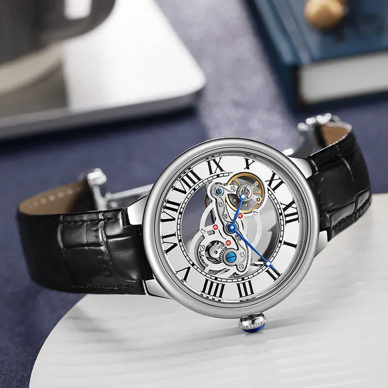 Luxury skeleton automatic watch with Roman numerals, black leather strap, motorsport-inspired design