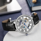 Luxury skeleton automatic watch with Roman numerals, black leather strap, motorsport-inspired design