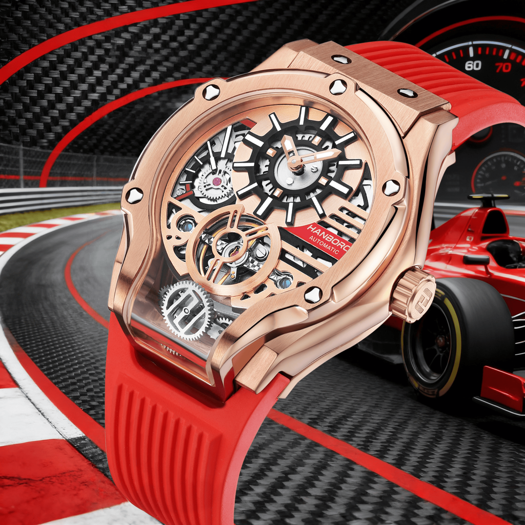 Luxury motorsport-inspired skeleton watch with red strap and gold case, racing car background