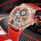 Luxury motorsport-inspired skeleton watch with red strap and gold case, racing car background
