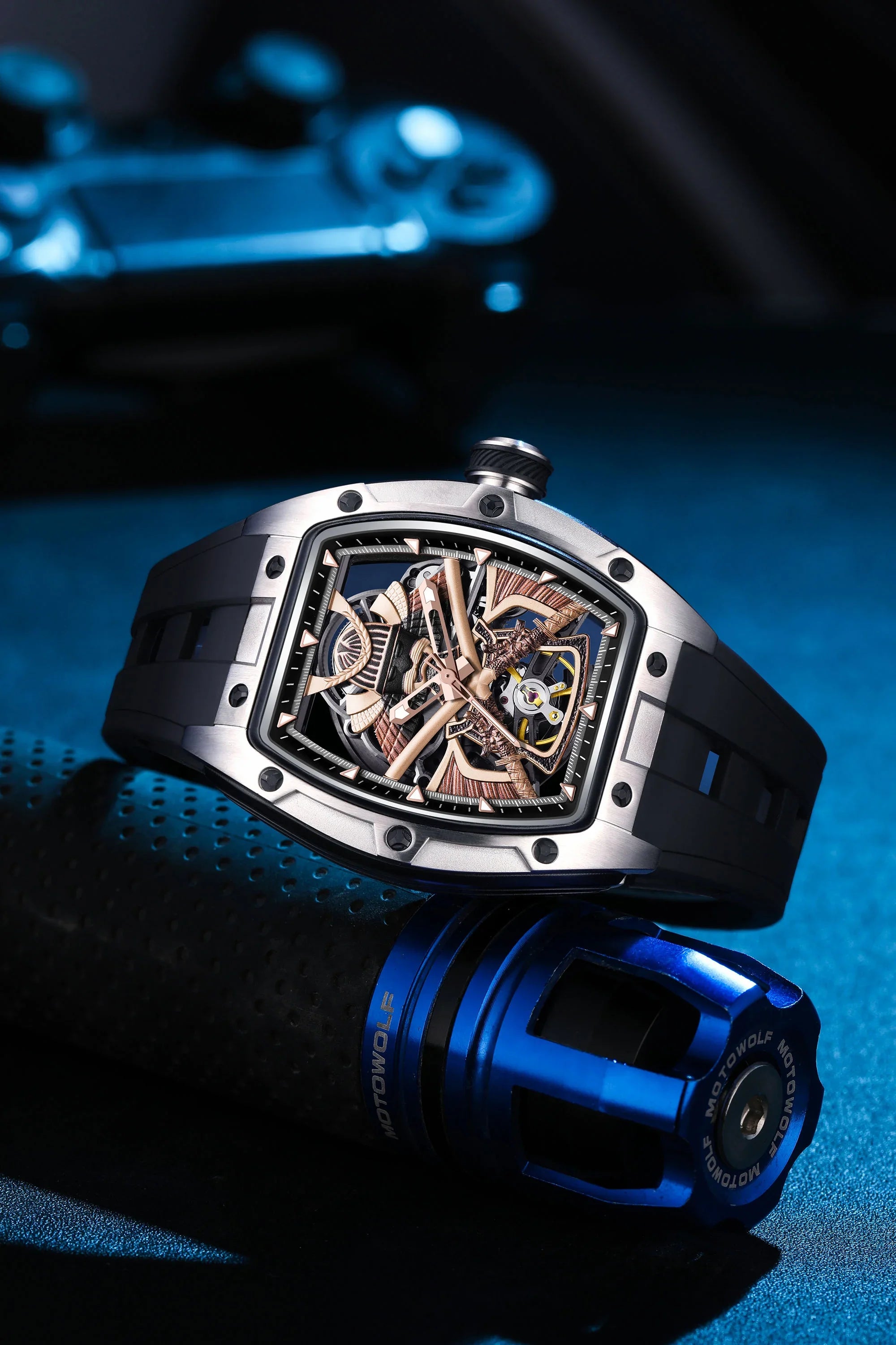 Skeleton luxury watch with tonneau case, inspired by motorsport and European design, bold dial