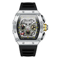 Motorsport-inspired luxury chronograph watch with skeleton dial, tonneau case, and black strap