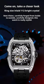 Skeleton dial sport-luxury homage watch with crystal accents, black strap, inspired by motorsport