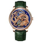 Luxury sport-luxury dragon watch with gold case, blue dial, and green leather strap