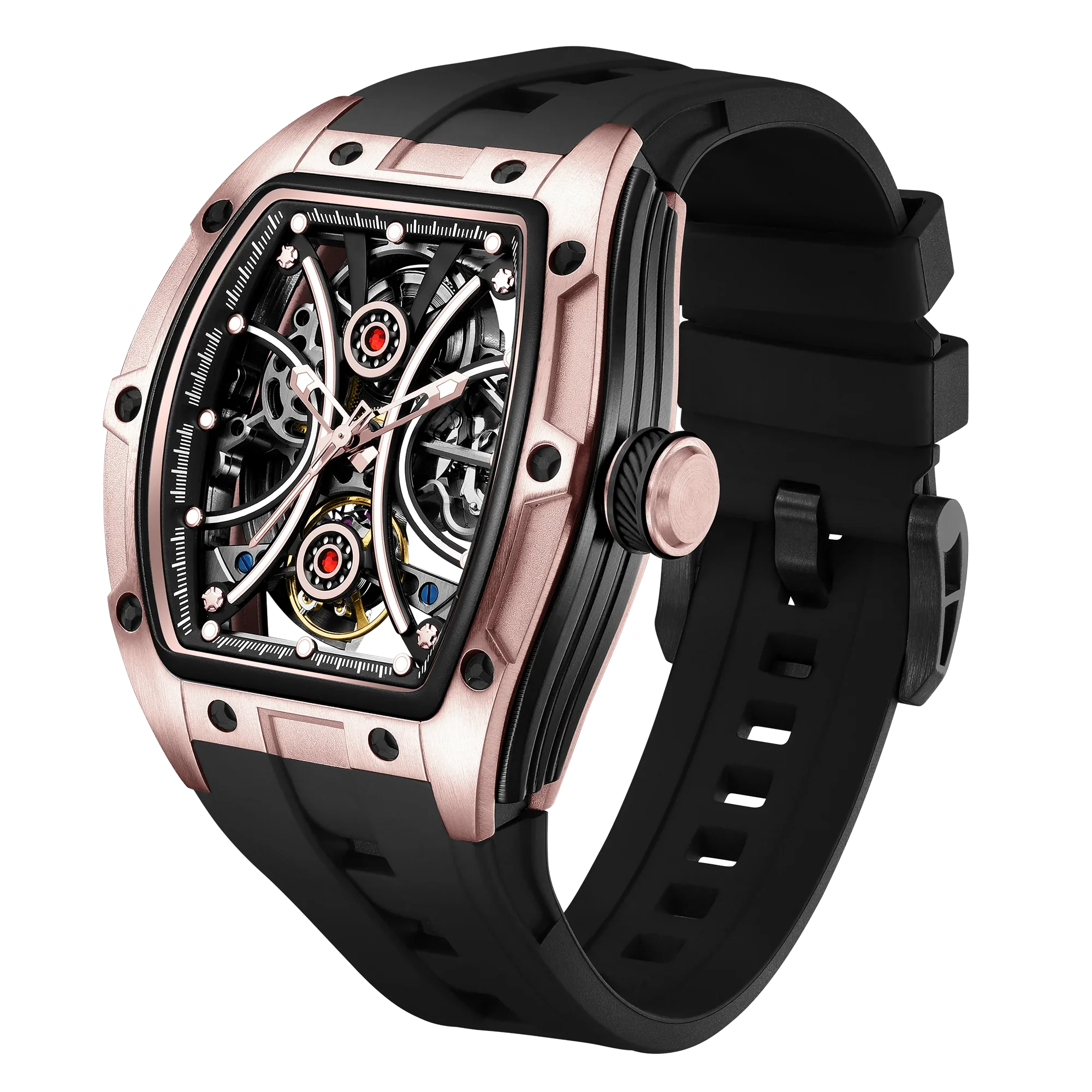 Rose gold tonneau case skeleton sport-luxury watch with black rubber strap, racing-inspired design