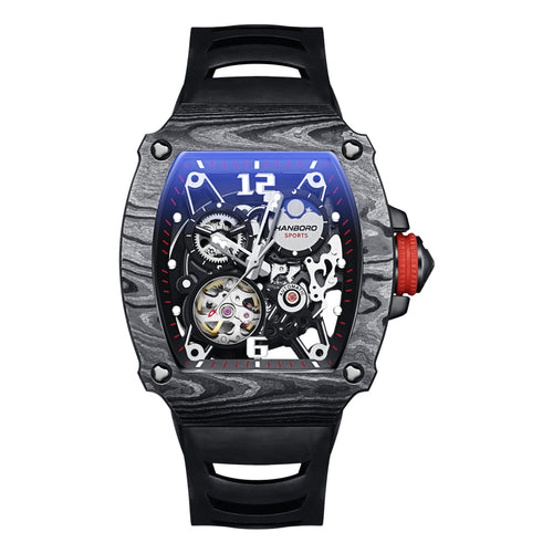 Luxury skeleton watch with grey carbon fiber case, blue dial, and red crown.