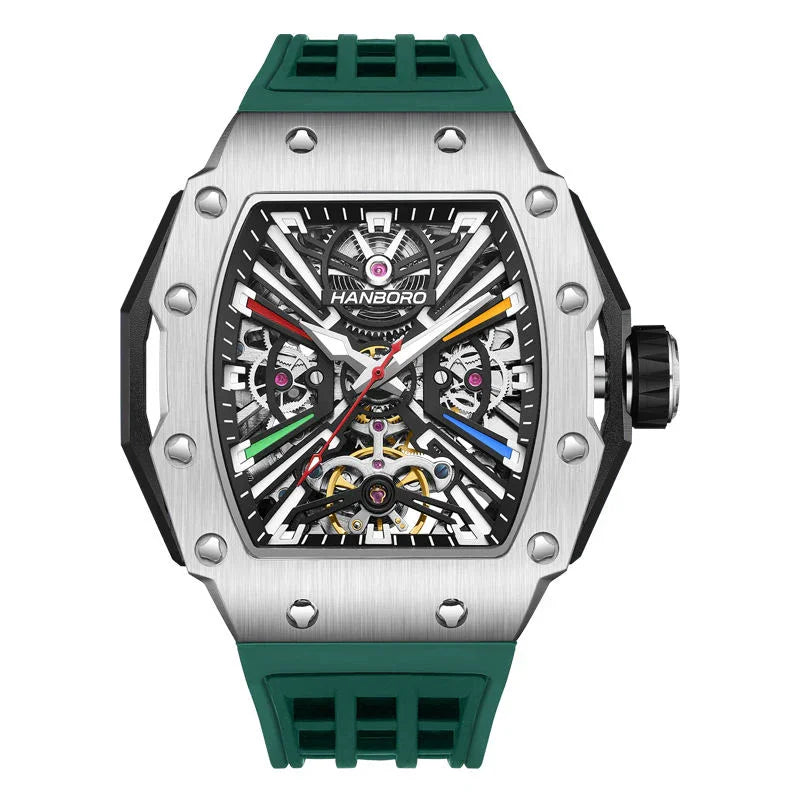 Luxury racing-inspired sport watch with skeleton dial and green rubber strap, European design