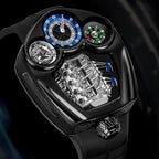 Luxury motorsport-inspired watch with bold black case, multi-dial face, and visible mechanics