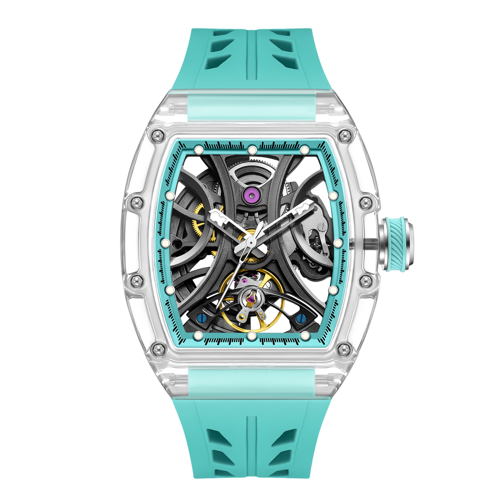 Motorsport-inspired skeleton watch with transparent case, turquoise strap, and intricate mechanical dial