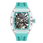 Motorsport-inspired skeleton watch with transparent case, turquoise strap, and intricate mechanical dial
