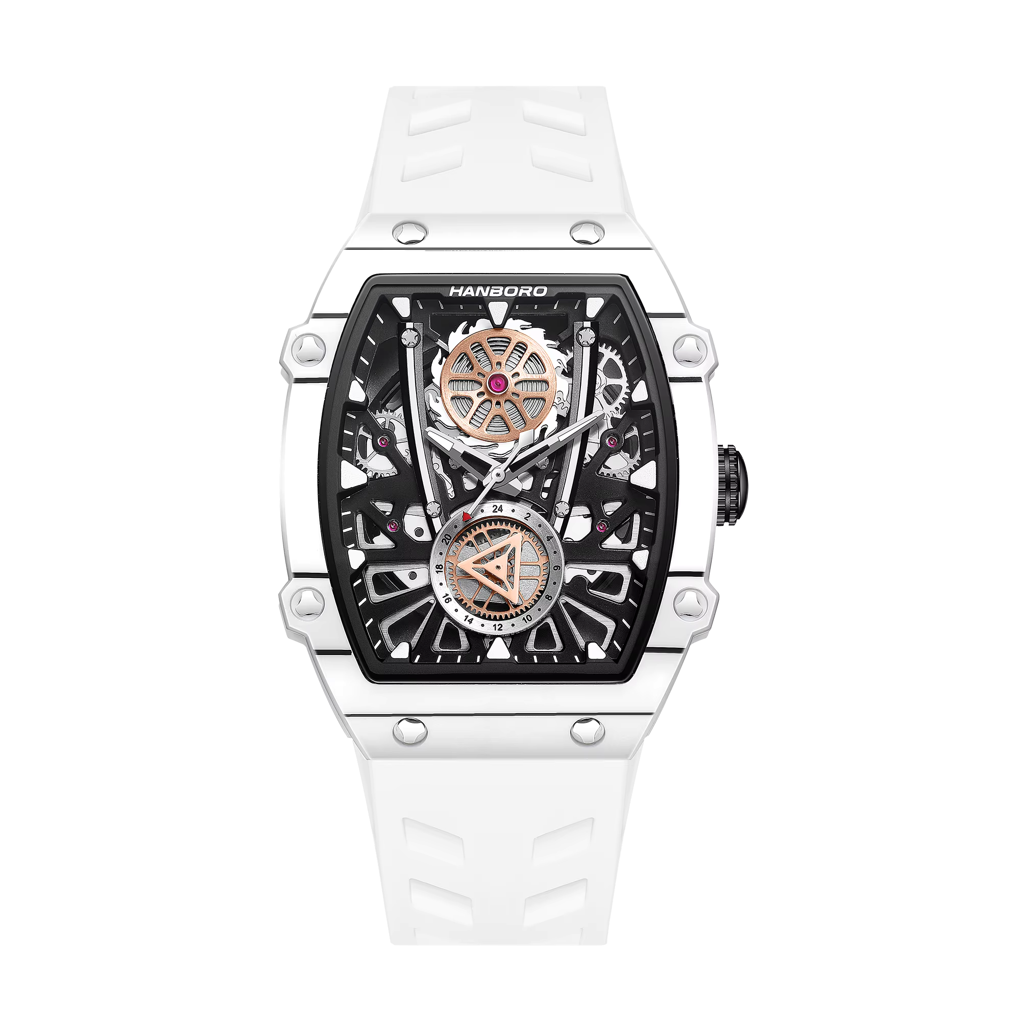 Luxury tonneau-shaped skeleton watch with white strap, motorsport-inspired design and bold dial