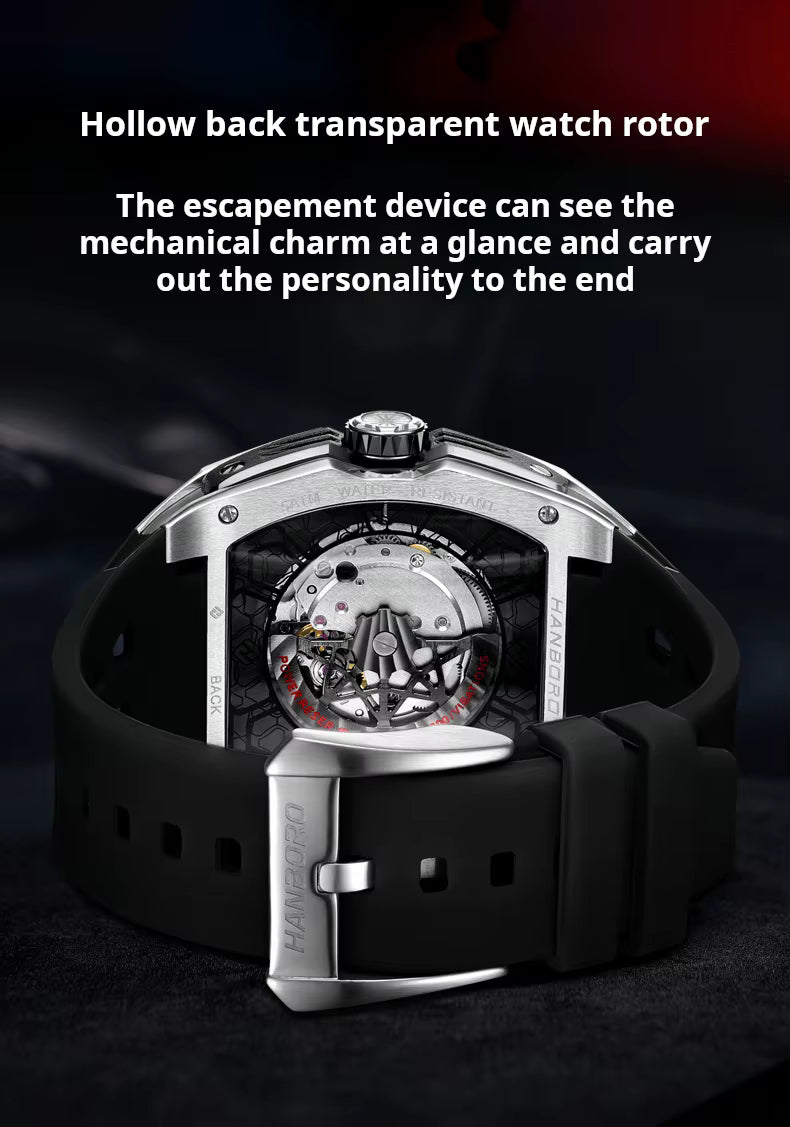 Luxury motorsport-inspired watch with transparent case back displaying mechanical movement and black rubber strap