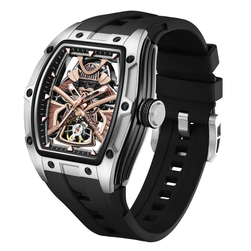 Luxury tonneau-shaped skeleton watch with exposed gears, rose gold accents, black rubber strap