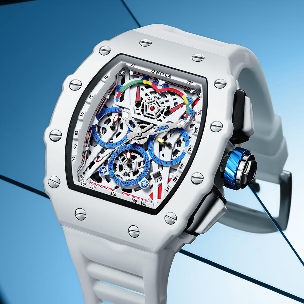 Motorsport-inspired white skeleton dial chronograph watch with bold, sculpted case and sporty accents