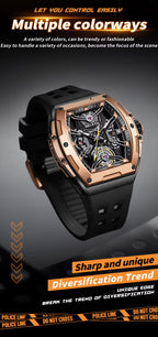 Luxury motorsport-inspired skeleton watch with rose gold case, black rubber strap, and visible gears